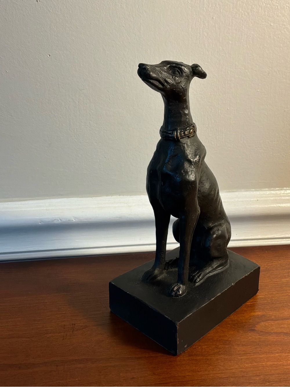 Bronze Like Black Seated Whippet desk  Statue with Gold Collar Accent